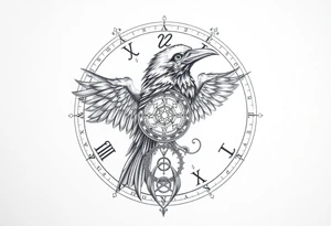 zodiac symbols runes within ornate clockwork mechanism raven tattoo idea