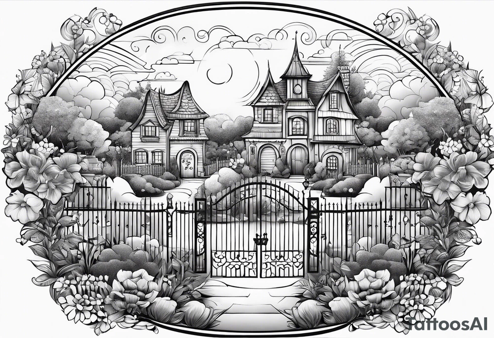night fairy town garden small houses gate entrance
in circle vignette surrounded by clouds floral tattoo idea