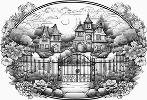 night fairy town  garden small houses gate entrance 
 in circle vignette surrounded by clouds floral tattoo idea