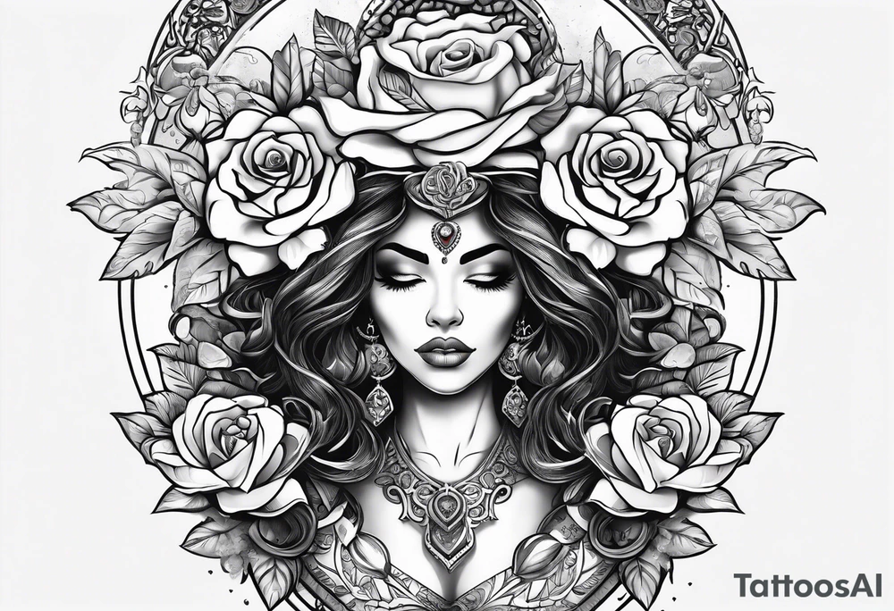 Hispanic/ Latin  woman GODDESS with half skull face, roses, loving heART, strength to move forward cancer zodiac , time heals all tattoo idea