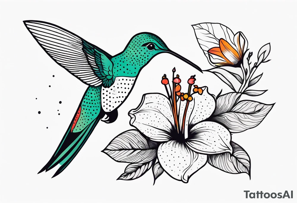 botanical, flowers, colorful, different, hummingbird, dot tattoo idea