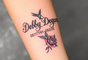 Tattoo of the exact name Debby Deguzman in chunky bold curly cursive with the exact dates of 08/17/61-05/29/25 surrounded by 1 hummingbird and 1 rose tattoo idea