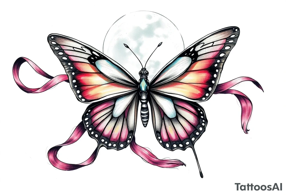 ethereal butterfly with flowing silk ribbons in moonlight tattoo idea