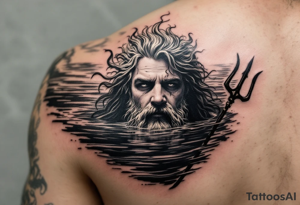 Poseidon half way under calm water with trident tattoo idea