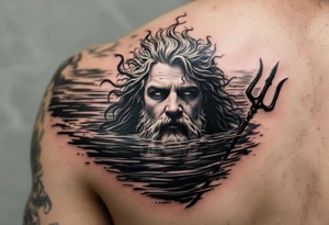 Poseidon half way under calm water with trident tattoo idea