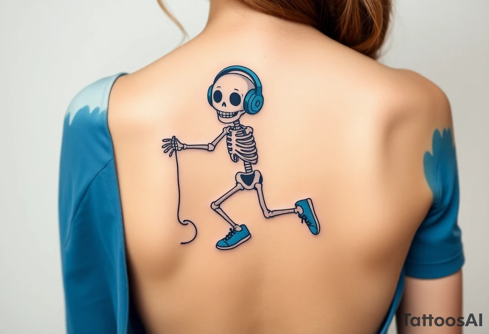 Cute smiling skeleton jumping on a jump rope with blue headphone and blue tennis shoes and blue armbands with nice  music notes on the headphones tattoo idea