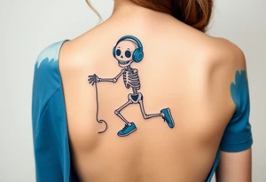 Cute smiling skeleton jumping on a jump rope with blue headphone and blue tennis shoes and blue armbands with nice  music notes on the headphones tattoo idea