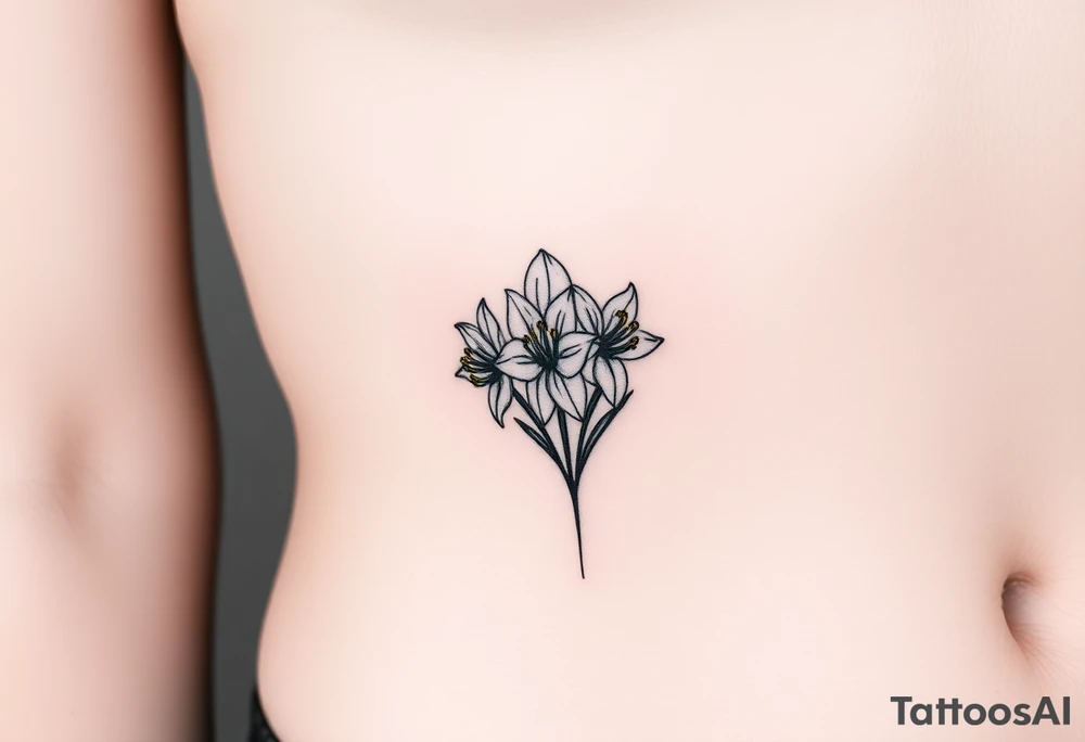 narcissus poeticus，3 flowers clustered stamen is cup-shaped,leaves are slender and dense tattoo idea