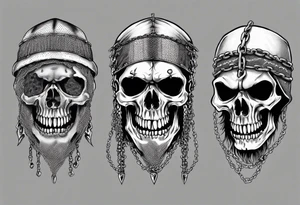 A skull with battered teeth and a chain mail head covering tattoo idea