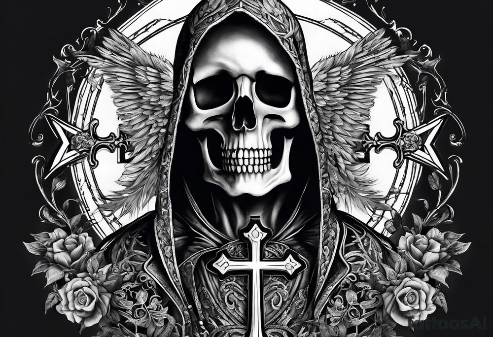 skeleton walking with a cross tattoo idea