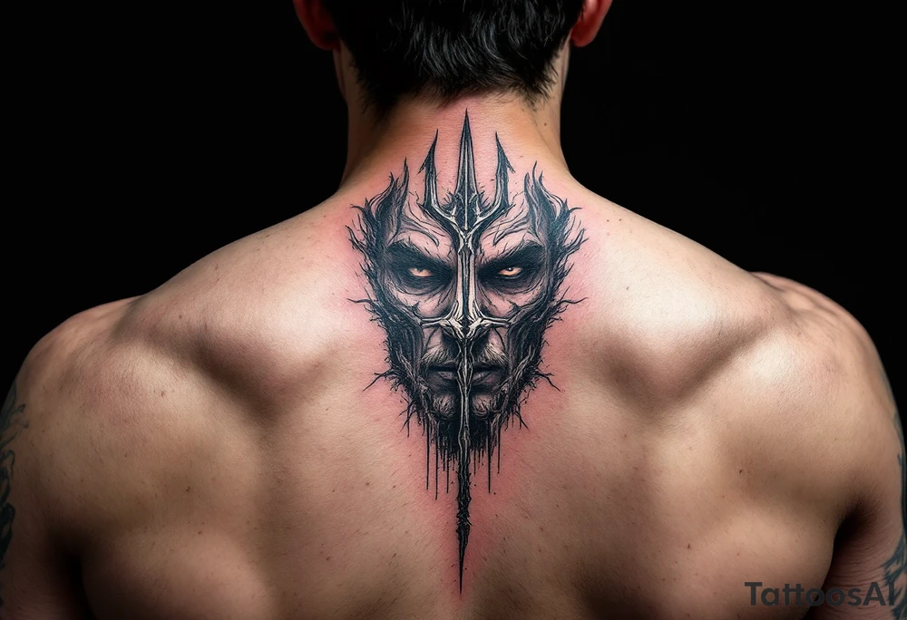 face behind trident tattoo idea