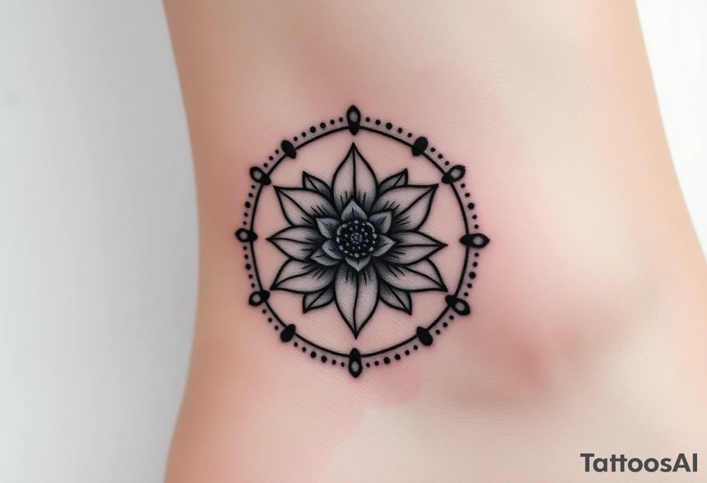 Hexagon with astrological sign for Leo,  larkspur and water lilies in the center tattoo idea