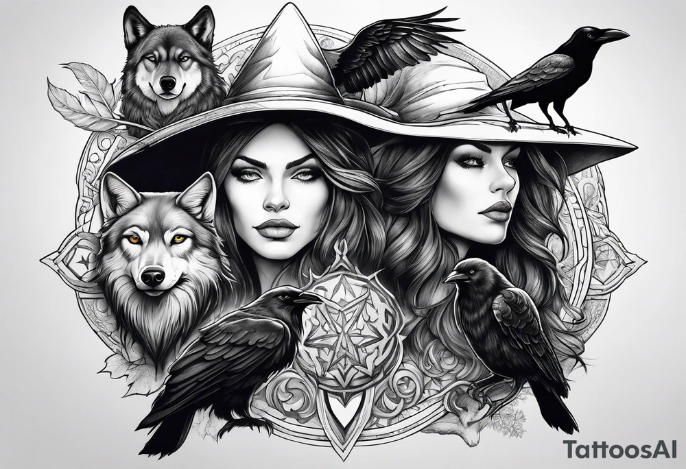 A witch, a raven and a wolf tattoo idea