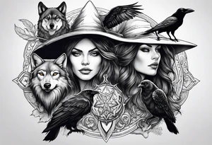 A witch, a raven and a wolf tattoo idea