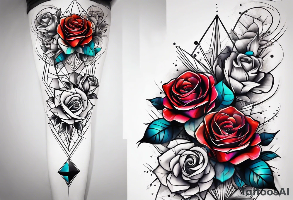 knee tattoo with geometry, roses and swirl washes in background tattoo idea