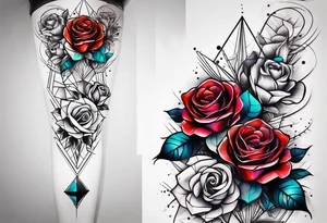 knee tattoo with geometry, roses and swirl washes in background tattoo idea