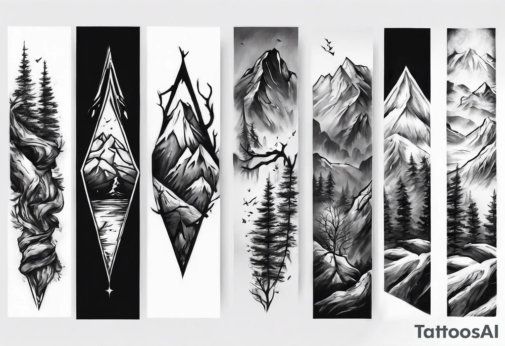 men’s arm sleeve mountains branches tattoo idea