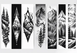men’s arm sleeve mountains branches tattoo idea