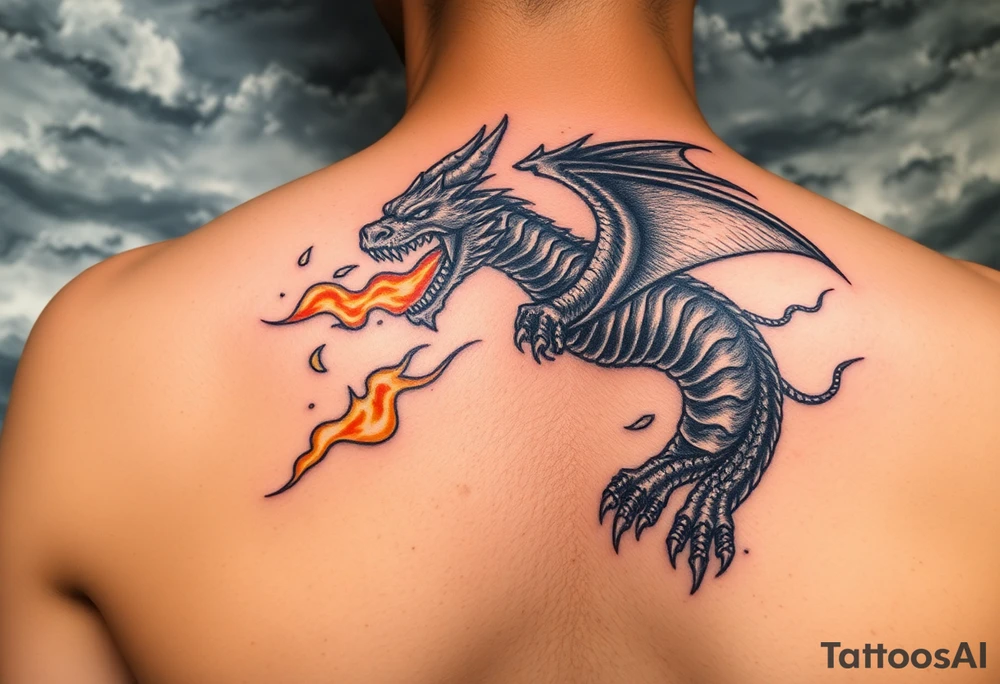 fierce dragon breathing iridescent fire against stormy skies tattoo idea