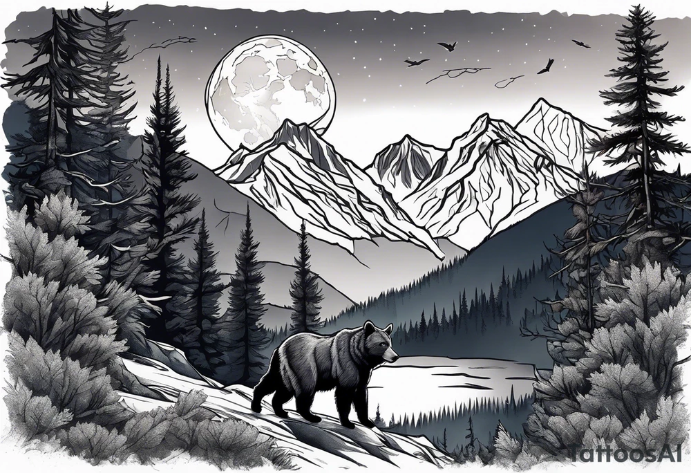 Hunter in the forest with dark mountains in the background under moonlight with bear and
 deer and a cougar tattoo idea