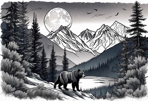 Hunter in the forest with dark mountains in the background under moonlight with bear and
 deer and a cougar tattoo idea