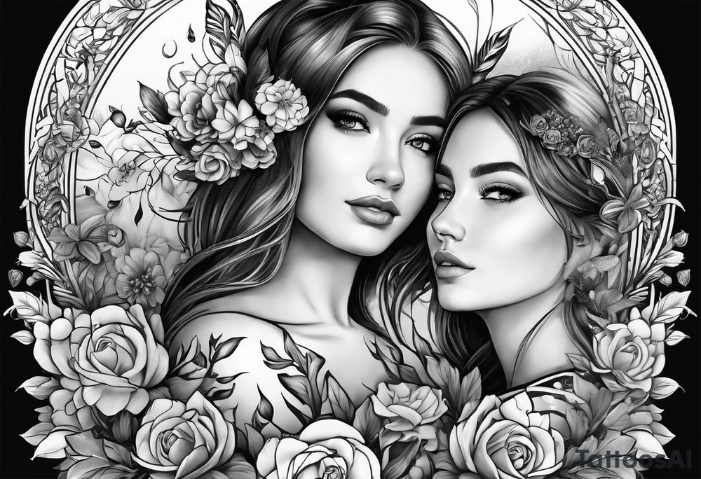1/2 sleeves full of flowers with a mom older son younger daughter in the middle tattoo idea