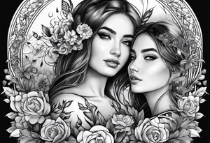 1/2 sleeves full of flowers with a mom older son  younger daughter in the middle tattoo idea