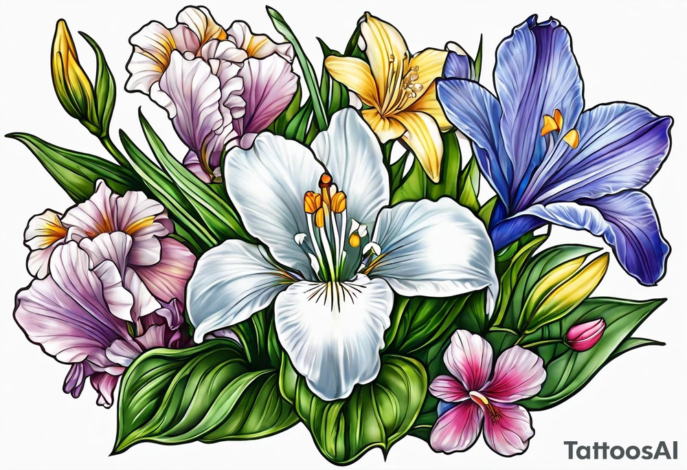 i want a bouquet of flowers that include a snowdrop, iris, cherry blossom, daisy and morning glory tattoo idea