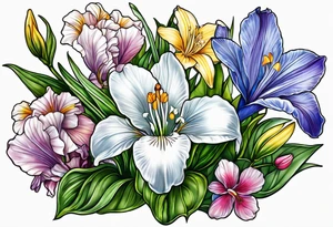 i want a bouquet of flowers that include a snowdrop, iris, cherry blossom, daisy and morning glory tattoo idea