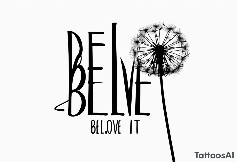 Dandelion with strow of words "believe or blow it" tattoo idea