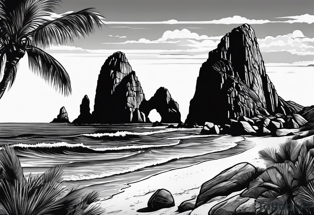 Cabo San Lucas beach with the famous rock formation overlooking ocean tattoo idea
