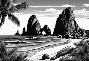Cabo San Lucas beach with the famous rock formation overlooking ocean tattoo idea