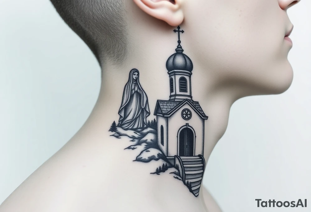 russian design traditional virgin mary stood beside the entrance of a russian orthodox dome church on the side of the neck in a wilderness setting with the design spread out the side of the neck tattoo idea