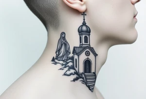 russian design traditional virgin mary stood beside the entrance of a russian orthodox dome church on the side of the neck in a wilderness setting with the design spread out the side of the neck tattoo idea