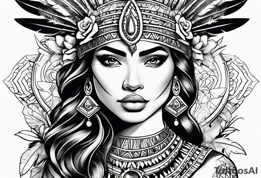 Aztec princess with roses and feathers tattoo idea