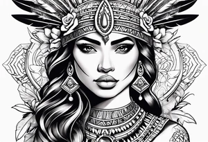 Aztec princess with roses and feathers tattoo idea