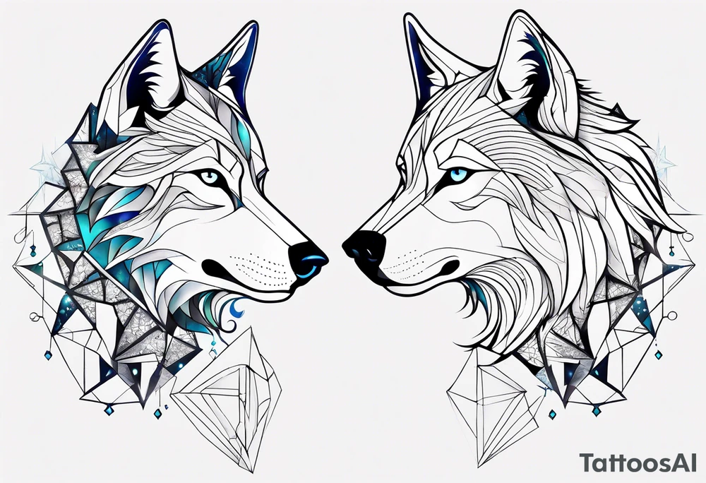 Constellation, two animal wolf, géométric, snowflake tattoo idea