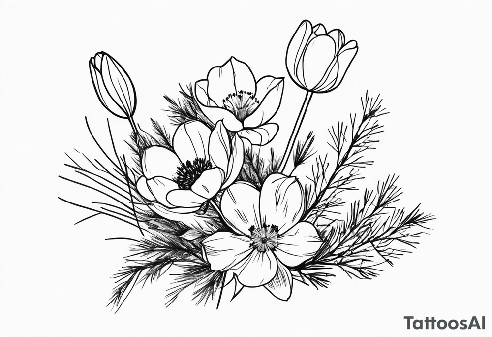 tulip and cosmos flowers in a bouquet with pine branch and willow branch. minimalist, simple bouquet. small. tattoo idea