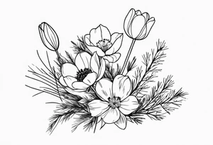 tulip and cosmos flowers in a bouquet with pine branch and willow branch. minimalist, simple bouquet. small. tattoo idea