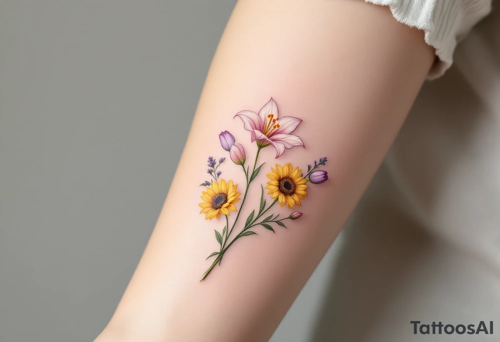 Small Stargazer lillies pale pink with no outline 
with small yellow sunflowers and pale purple tulip buds in a dainty wildflower bouquet with light green stems tattoo idea