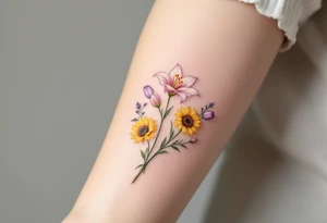 Small Stargazer lillies pale pink with no outline 
with small yellow sunflowers and pale purple tulip buds in a dainty wildflower bouquet with light green stems tattoo idea