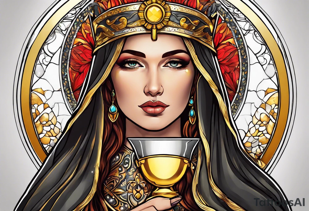 holy saint woman with golden halo holding a chalice tattoo idea