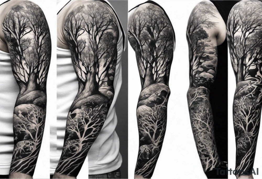 full arm sleeve irish tattoo with scary tree tattoo idea