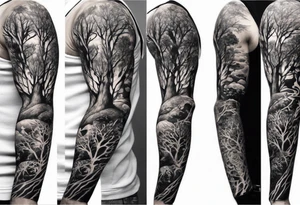 full arm sleeve irish tattoo with scary tree tattoo idea