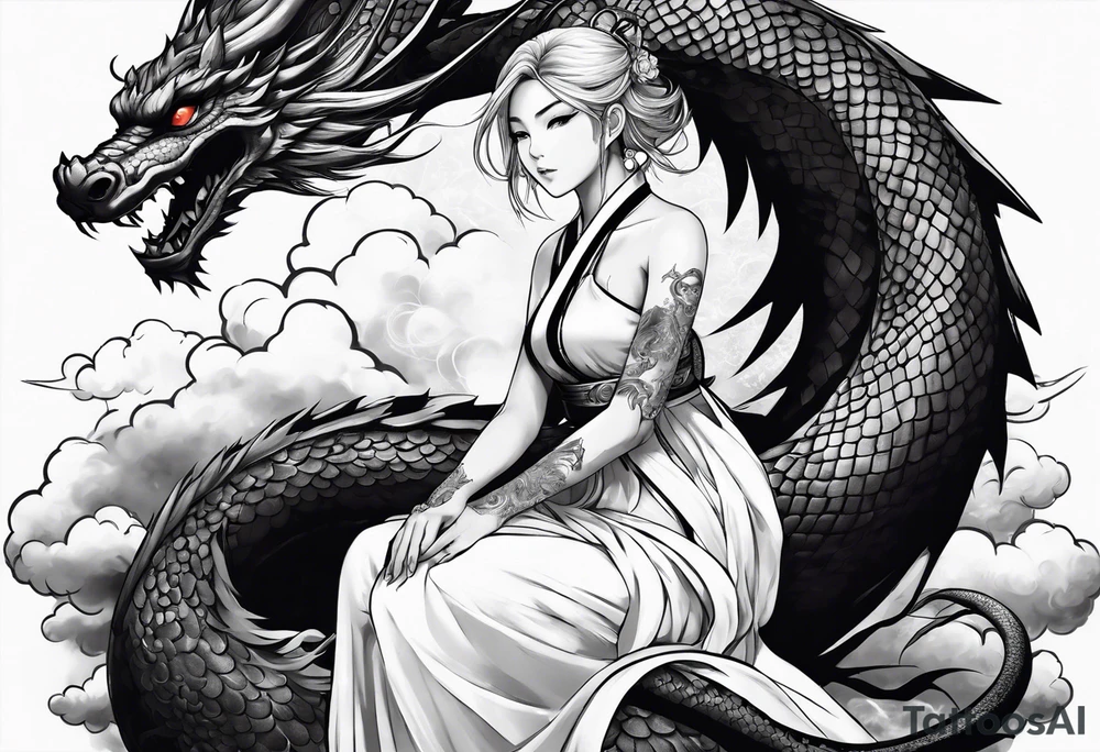 an anime girl sitting on a asian dragon surrounded by cloud tattoo idea