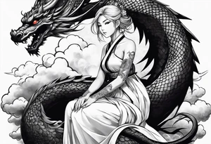 an anime girl sitting on a asian dragon surrounded by cloud tattoo idea