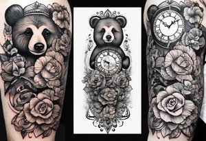 Aniya 6:51pm, Amari 4;57pm, Ameer 5:33am flower clocks teddybears half sleeve tattoo idea
