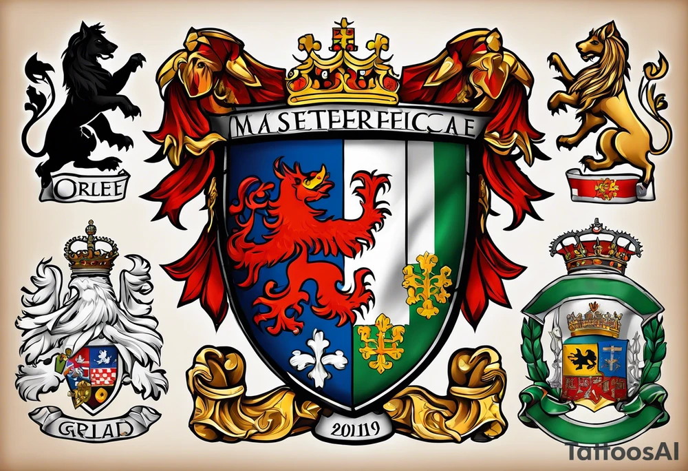 Merge the heraldic elements of england, northern ireland, ireland, scotland, wales, germany, croatia, serbia, slovakia, slovenia, and czech republic. tattoo idea