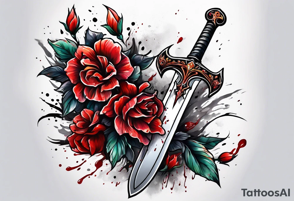 Bloody sword dripping into flowers tattoo idea