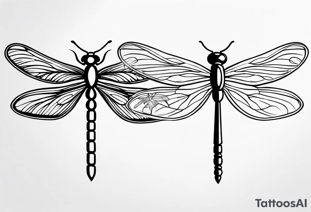 2 Dragonflies one with a lock as the chest 
and the other has a key for the tail fine black line style tattoo idea